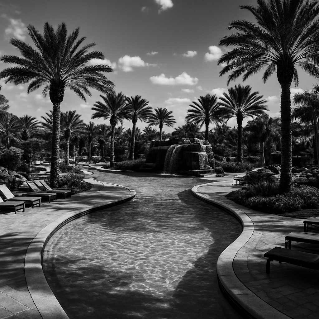 Resort-style lazy river and water features