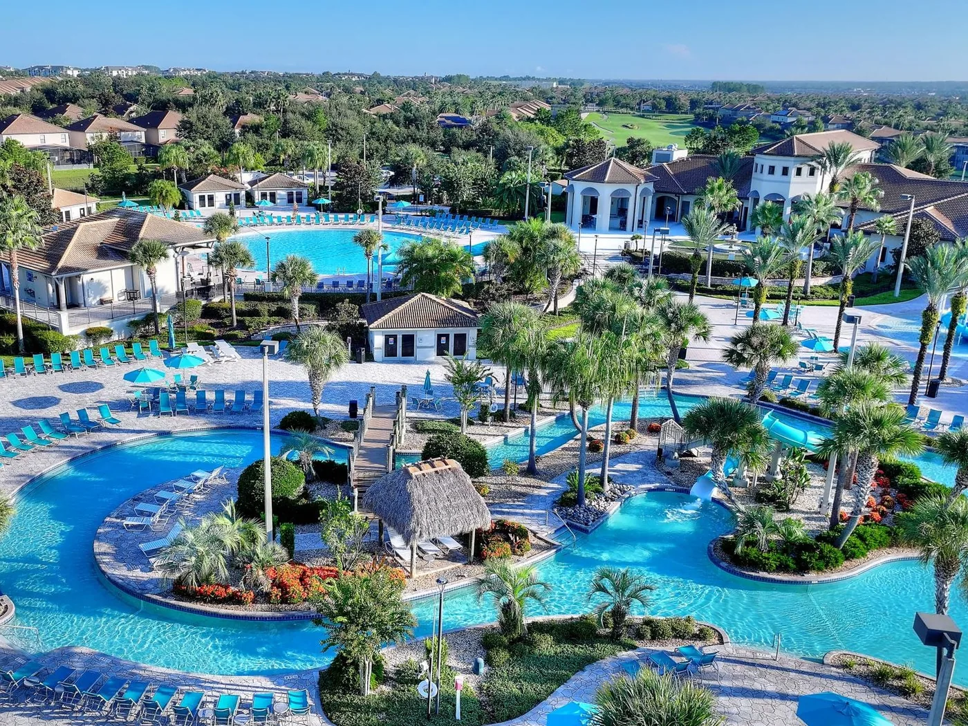 Aerial view of the Champions Gate resort lazy river and pool area