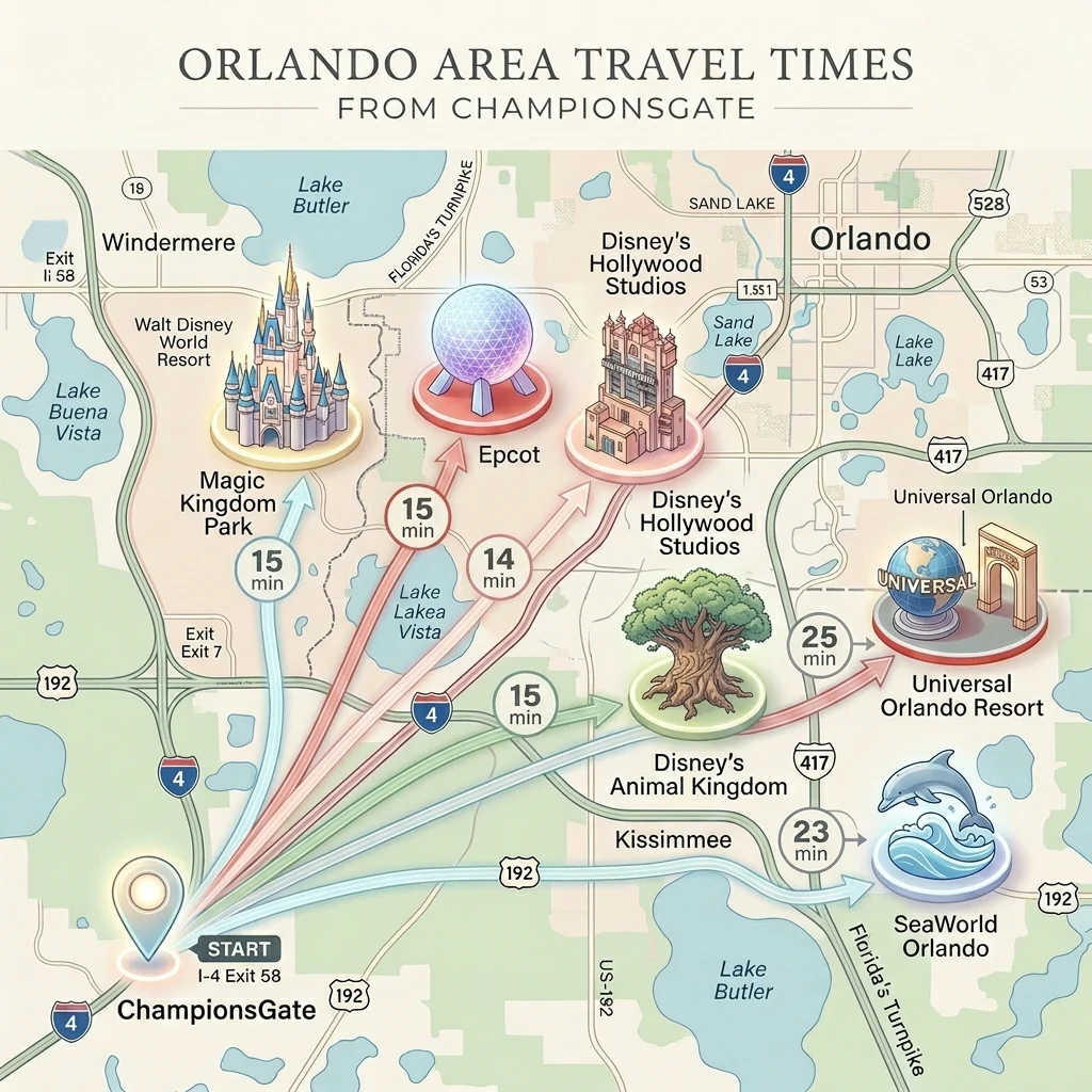 Orlando area travel time map from ChampionsGate to Disney World and nearby attractions